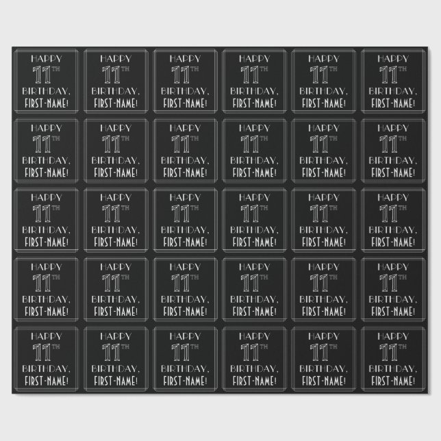 HAPPY 11TH BIRTHDAY; Art Deco Style w/ Custom Name Wrapping Paper (Flat)