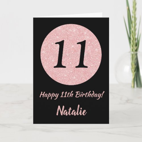 Happy 11th Birthday Black and Rose Pink Gold Card