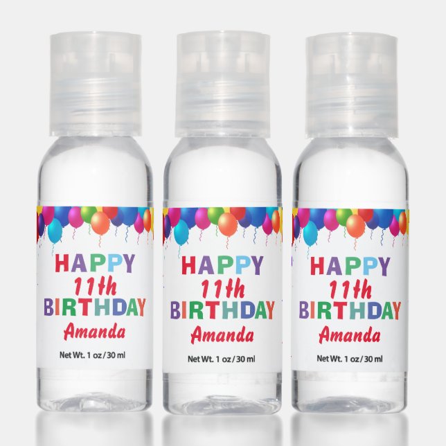 Happy 11th Birthday Colorful Balloons Confetti Hand Sanitizer (Set)