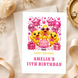 Happy 11th Birthday Cute Ducklings Pink Party Card