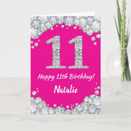 Happy 11th Birthday Hot Pink and Silver Glitter Card