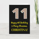 [ Thumbnail: Happy 11th Birthday & Merry Christmas, Custom Name Card ]