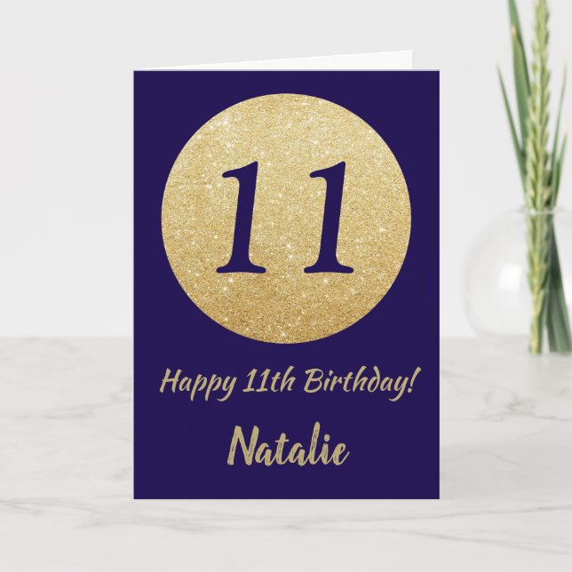 Happy 11th Birthday Navy Blue and Gold Glitter Card (Front)