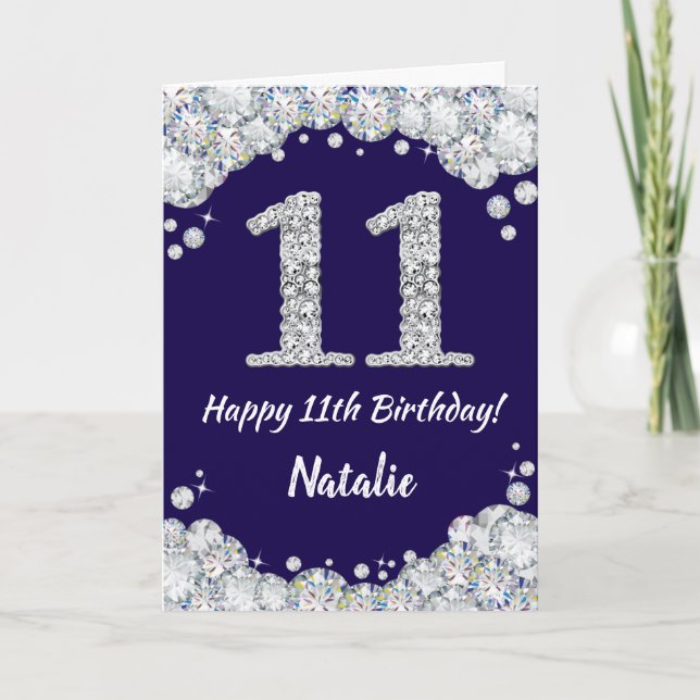 Happy 11th Birthday Navy Blue and Silver Glitter Card (Front)