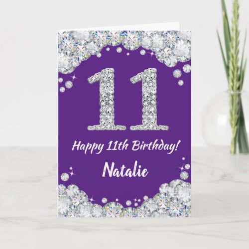 Happy 11th Birthday Purple and Silver Glitter Card