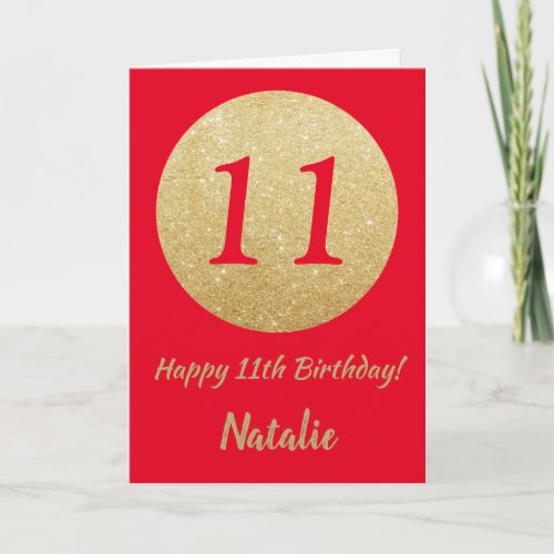 Happy 11th Birthday Red and Gold Glitter Card