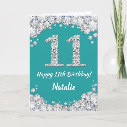 Happy 11th Birthday Teal and Silver Glitter Card