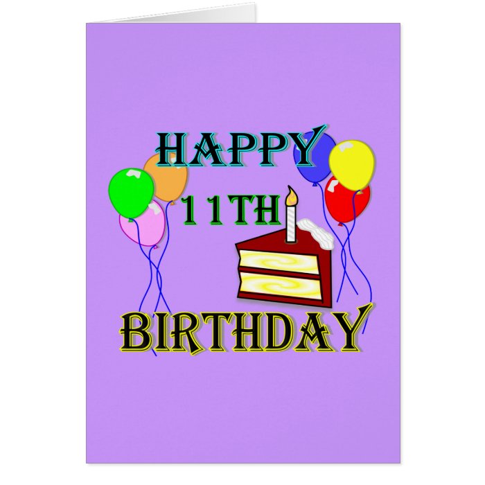 Happy 11th Birthday with Cake, Balloons and Candle Card | Zazzle