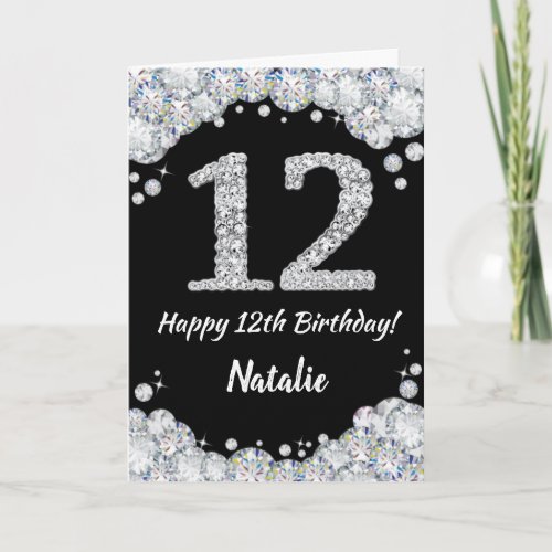 Happy 12th Birthday Black and Silver Glitter Card