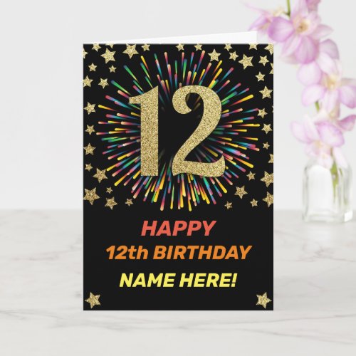 Happy 12th Birthday Black  Gold Rainbow Firework Card