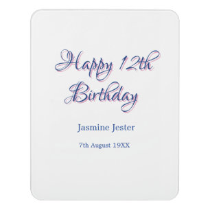 happy 12th birthday blue pink name date simple min door sign