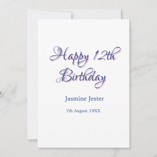 happy 12th birthday blue pink name date simple min invitation (Front)
