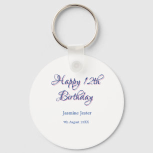happy 12th birthday blue pink name date simple min keychain