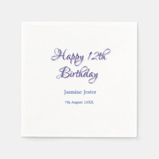 happy 12th birthday blue pink name date simple min napkins