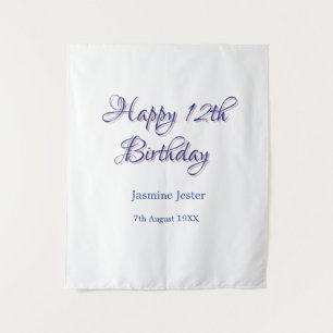 happy 12th birthday blue pink name date simple min tapestry