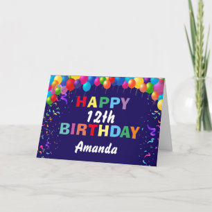 Happy 12th Birthday Colorful Balloons Navy Blue Card