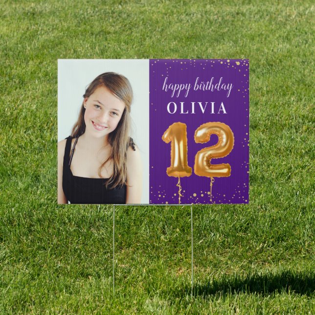 Happy 12th Birthday Gold Confetti Outdoor Yard Sign (Insitu)
