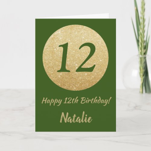 Happy 12th Birthday Green and Gold Glitter Card