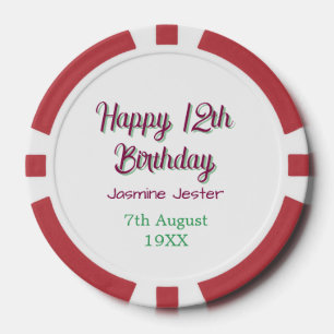 happy 12th birthday green pink name date simple poker chips