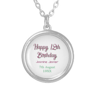 happy 12th birthday green pink name date simple silver plated necklace