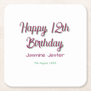 happy 12th birthday green pink name date simple square paper coaster
