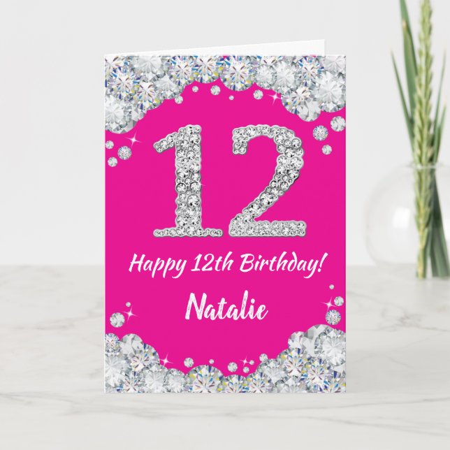 Happy 12th Birthday Hot Pink and Silver Glitter Card (Front)