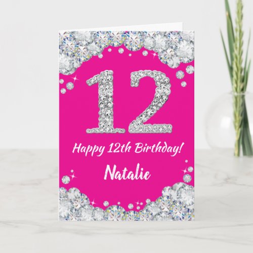 Happy 12th Birthday Hot Pink and Silver Glitter Card