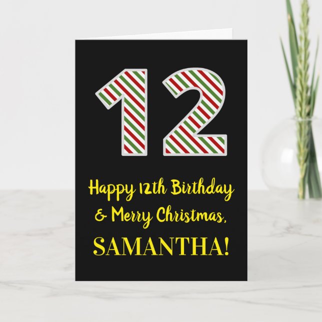 Happy 12th Birthday & Merry Christmas, Custom Name Card (Front)