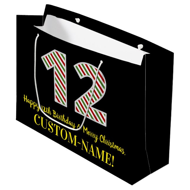 Happy 12th Birthday & Merry Christmas, Custom Name Large Gift Bag (Front Angled)