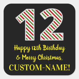 Happy 12th Birthday & Merry Christmas, Custom Name Square Sticker
