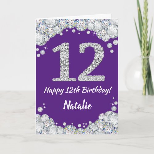 Happy 12th Birthday Purple and Silver Glitter Card