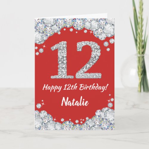 Happy 12th Birthday Red and Silver Glitter Card