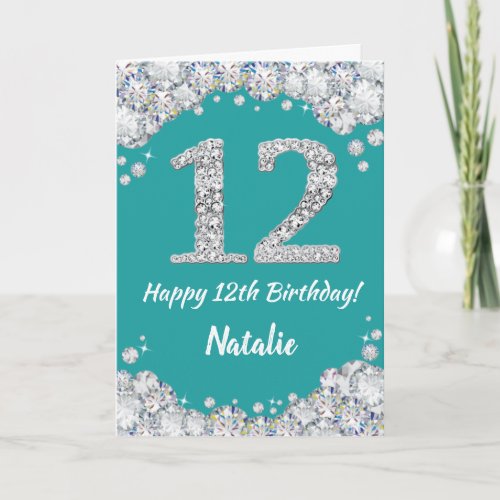 Happy 12th Birthday Teal and Silver Glitter Card