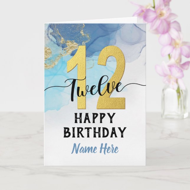 Happy 12th Birthday Watercolor Blue & gold Boy Card (Orchid)