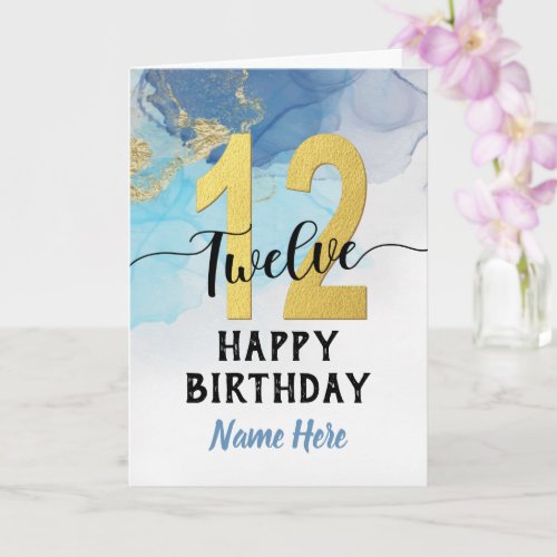 Happy 12th Birthday Watercolor Blue  gold Boy Card