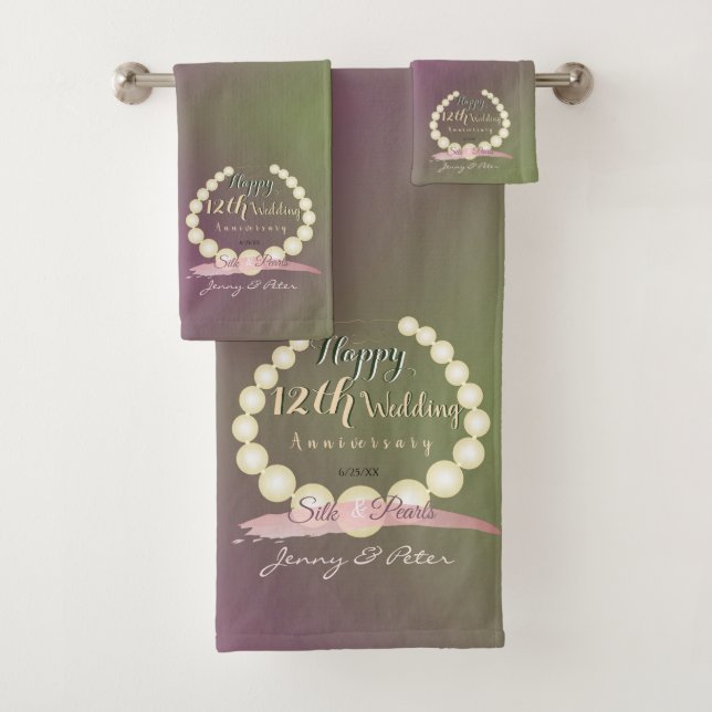 "Happy 12th Wedding Anniversary" Pearls and Moss Bath Towel Set (Insitu)