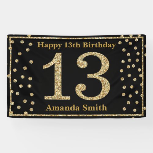 Happy 13th Birthday Banner Black and Gold Glitter