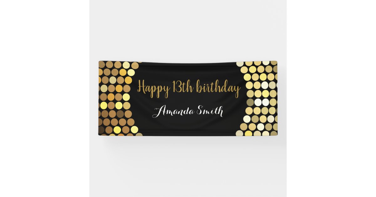 Happy 13th Birthday Banner Black and Gold Glitter | Zazzle