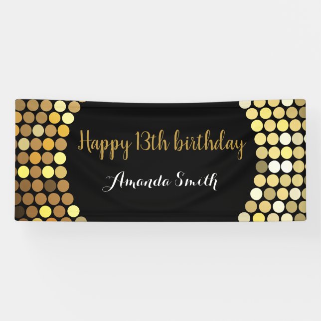 Happy 13th Birthday Banner Black and Gold Glitter (Horizontal)