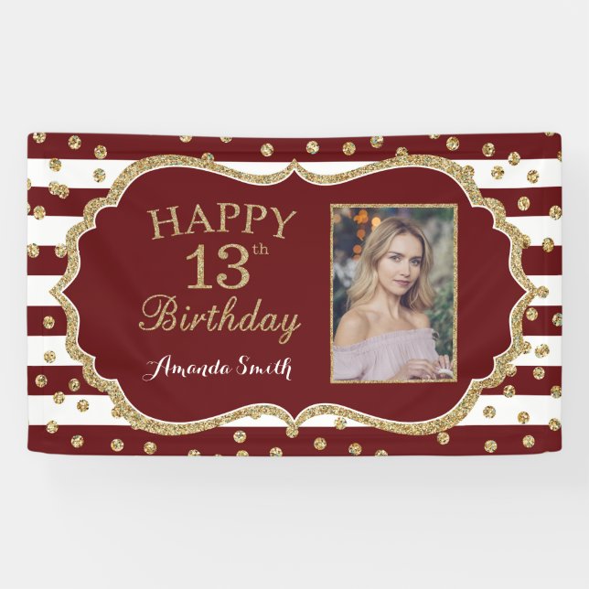 Happy 13th Birthday Banner Burgundy and Gold Photo (Horizontal)