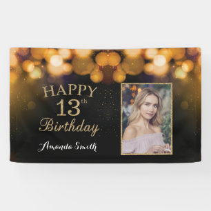 Happy 13th Birthday Banner. Gold Glitter Photo Banner