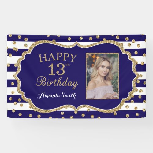 Happy 13th Birthday Banner Navy Blue Gold Photo
