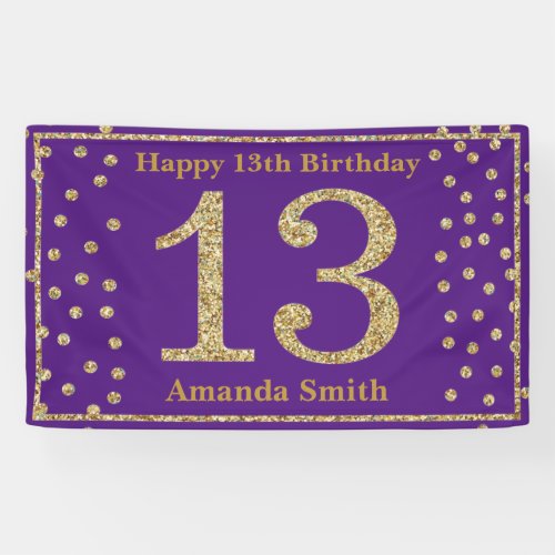 Happy 13th Birthday Banner Purple and Gold Glitter