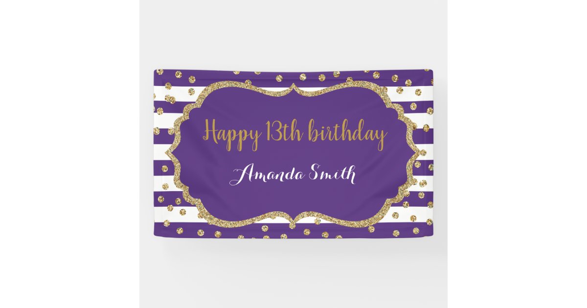 Happy 13th Birthday Banner Purple Gold Glitter | Zazzle