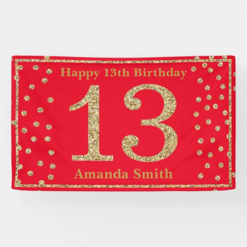 Happy 13th Birthday Banner Red and Gold Glitter