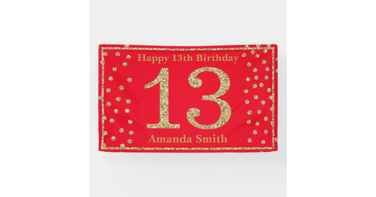Happy 13th Birthday Banner Red and Gold Glitter | Zazzle