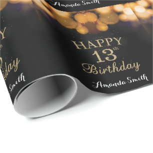 Happy 13th Birthday Black and Gold Glitter Wrapping Paper