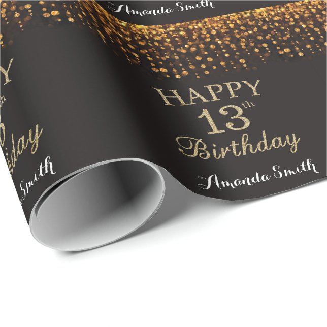 Happy 13th Birthday Black and Gold Glitter Wrapping Paper (Roll Corner)