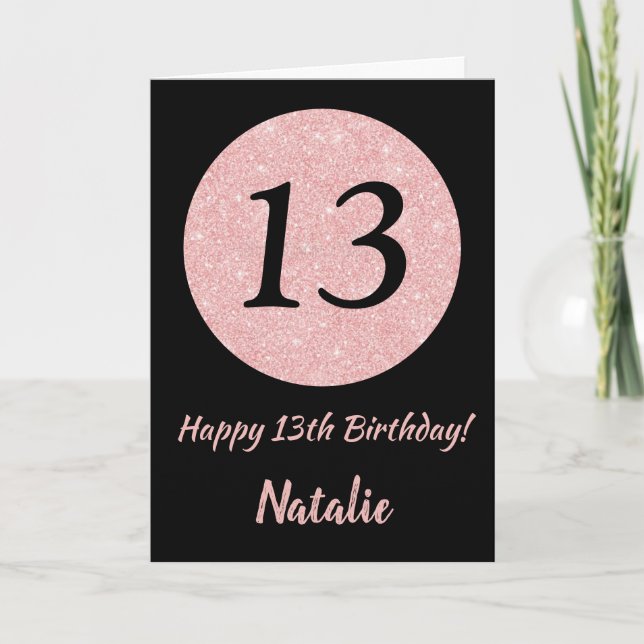 Happy 13th Birthday Black and Rose Pink Gold Card (Front)