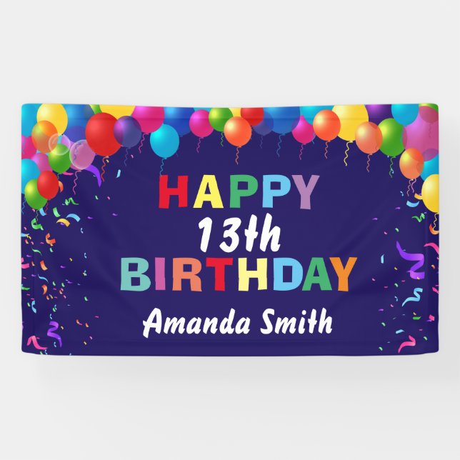Happy 13th Birthday Colorful Balloons Navy Blue Banner (Horizontal)